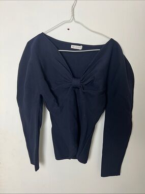 Avec Les Filles Exaggerated Puff Sleeve Front Bow Fitted Sweater